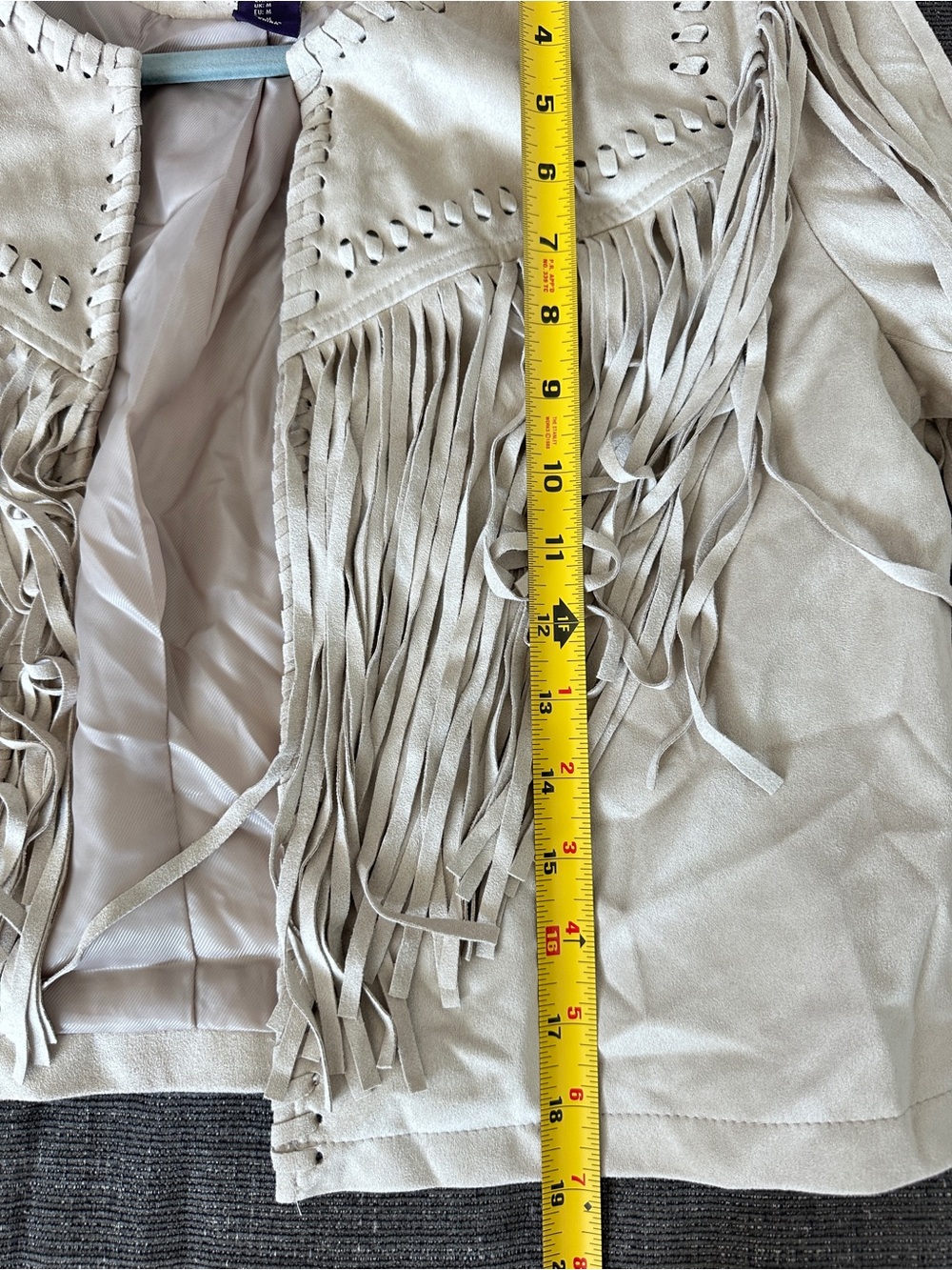 Amaryllis Faux Suede Fringe Jacket Boho Western Open Front Taupe M - Picture 12 of 13